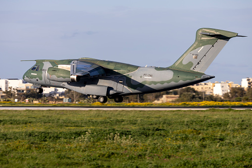 Luqa, Malta - March 1, 2024: Brazilian Air Force Embraer KC-390 (EMB-390) (REG: PT-ZNG) landing for a two day stop on its way back to Brazil.