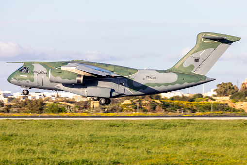 Luqa, Malta - March 1, 2024: Brazilian Air Force Embraer KC-390 (EMB-390) (REG: PT-ZNG) landing for a two day stop on its way back to Brazil.