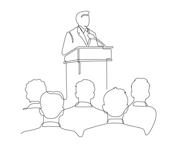 Vector illustration of Lector man speech behind podium on conference with audience spectators back, continuous one line drawing. Speaker on tribune by leader, businessman, teacher talking. Vector minimalist outline