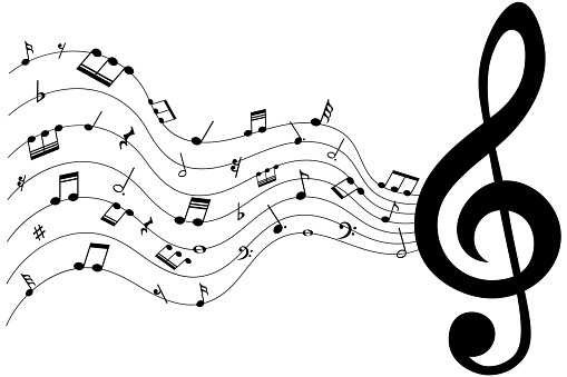 Music notes wave, musical treble clef, vector illustration.