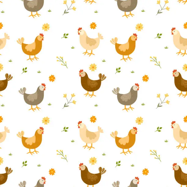 Vector illustration of Seamless pattern with chicken, hen and flowers on white background.