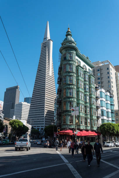 berühmtes transamerica-gebäude und columbus-gebäude in san francisco - columbus tower stock-fotos und bilder