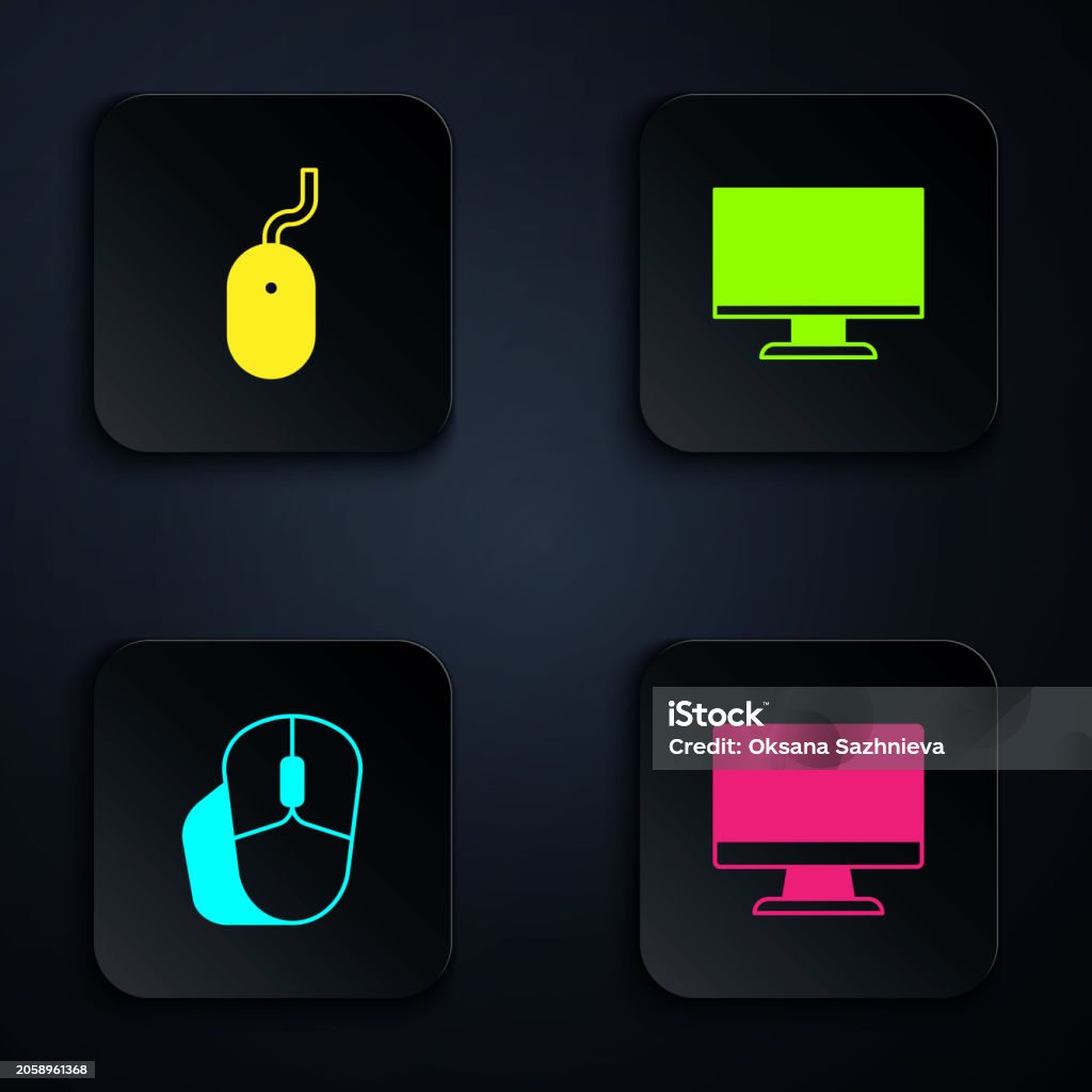 Set Computer Monitor Screen Mouse And Black Square Button Vector Stock ...