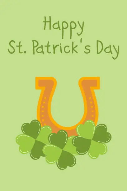 Vector illustration of Happy St. Patrick's Day. a greeting card. Horseshoe with clover on a green background. Vector