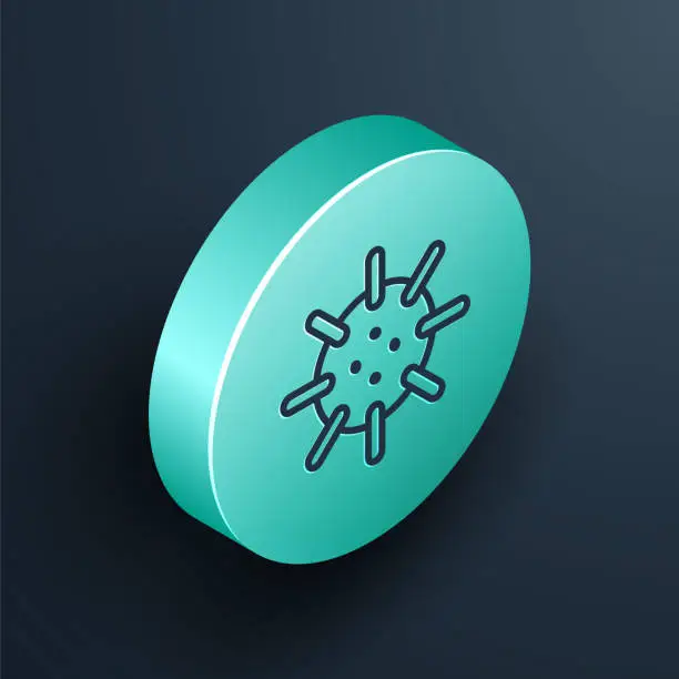 Vector illustration of Isometric line Naval mine icon isolated on black background. Sea bomb. Turquoise circle button. Vector