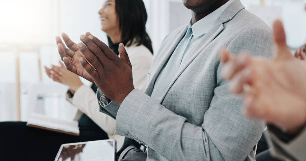 business people, hands and applause in meeting presentation, conference or team workshop at office. group clapping in thank you for staff training, celebration or teamwork together at workplace - training business seminar clapping imagens e fotografias de stock