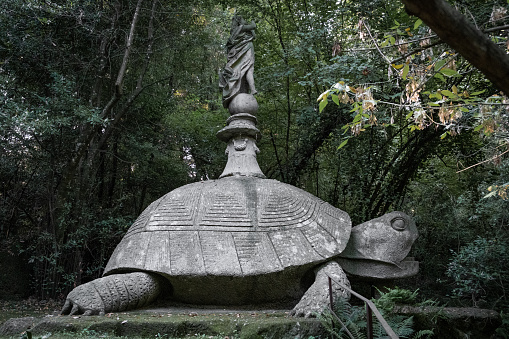 Bomarzo, Italy - 10 08 2023: Turtle figure sculptured in giant rocks in Bomarzo Sacro Bosco Park in Italy