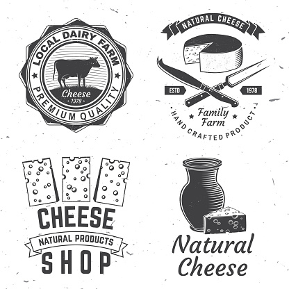 Cheese family farm badge design. Template for logo, branding design with block cheese, jug of milk, cow, fork, knife for cheese. Vector illustration. Hand crafted product cheese.