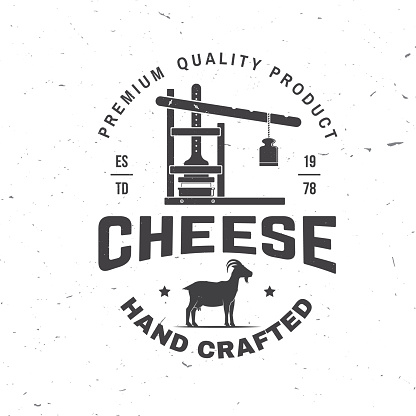 Cheese family farm badge design. Template for logo, branding design with goat and cheese molds and press. Vector illustration. Hand crafted product cheese.