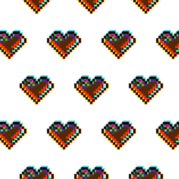 Vector illustration of Risograph Style Pixel Hearts Pattern, 1990 - 1999 style, Riso Pixels, Heart Shape Seamless Background, Loopable Elements, Video Game UI, User Interface, Flat Design