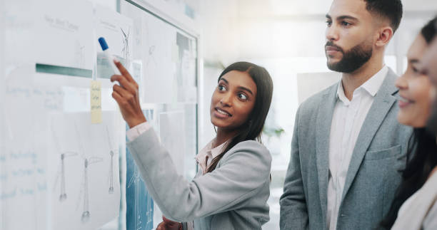 istock Business woman, coaching and presentation in team brainstorming, strategy or schedule planning at office. Female person or mentor talking to group in staff training, project plan or task at workplace 2059037372
