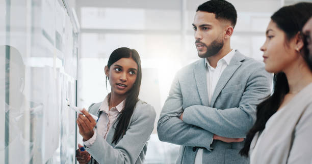 istock Business woman, coaching and schedule planning in teamwork, brainstorming or strategy in meeting at office. Female person or mentor with group in staff training, project plan or tasks at workplace 2059037373