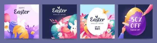 Vector illustration of Collection of cute Easter illustrations for social media. Colorful Easter greeting cards design with place for text. Ideal for banner, poster, offer, web, promo, ad.