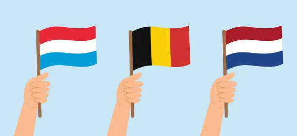 Vector illustration of Hands holding flags of Benelux Union countries (Netherlands, Belgium, Luxembourg). Vector illustration.