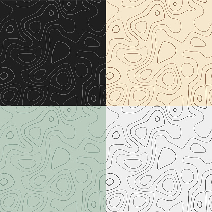 Topography patterns. Seamless elevation map tiles. Astonishing isoline background. Captivating tileable patterns. Vector illustration.