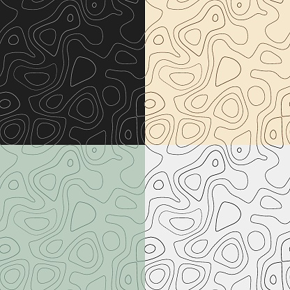 Topography patterns. Seamless elevation map tiles. Astonishing isoline background. Captivating tileable patterns. Vector illustration.