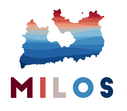 Milos map. Map of the island with beautiful geometric waves in red blue colors. Vivid Milos shape. Vector illustration.