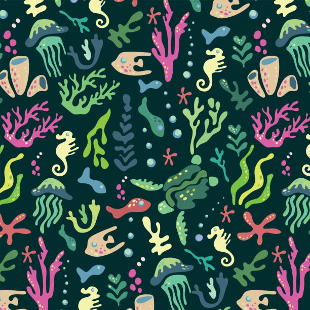 水中 ウミガメ、クラゲ、魚、藻類、サンゴの抽象的な緑のパターン。海底の��世界。 - seaweed sea pattern green点のイラスト素材／クリップアート素材／マンガ素材／アイコン素材