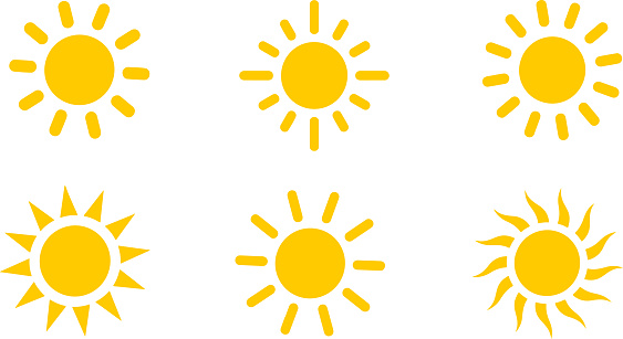 Icon set about different sunlight shapes, sun, light, heat, hot weather, solar power, yellow colour. Thin line icons, flat vector illustrations, isolated on white, transparent background