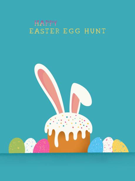 istock Happy greeting card template. Poster with an art of a cake with bunny ears and eggs. 2059130755