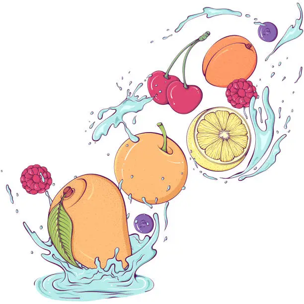 Vector illustration of Flying fruits with splashes of water color
