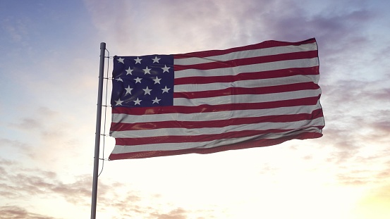 American Flag, USA Flag on a Pole with Sunset Sky Evening Background. 3d illustration.