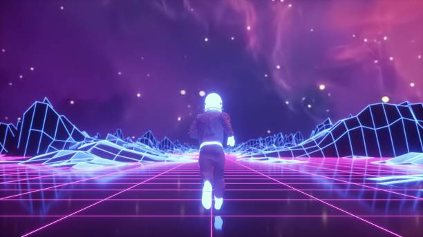 istock Astronaut runs surrounded by flashing neon lights. Retro 80s style synthwave background. 3d illustration 2059138173