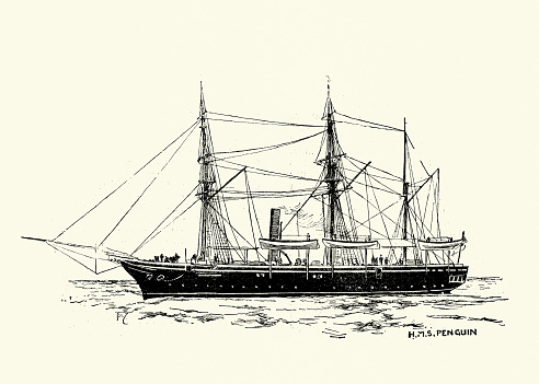 Vintage illustration Royal Navy ship, HMS Penguin was an Osprey-class sloop, Survey vessel, Victorian 1890s, 19th Century