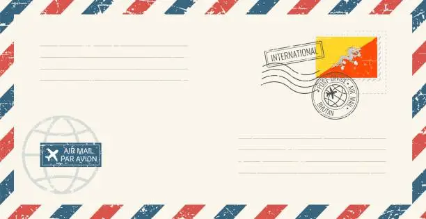 Vector illustration of Blank air mail grunge envelope with Bhutan postage stamp. Vintage postcard vector illustration with Bhutan national flag isolated on white background. Retro style.