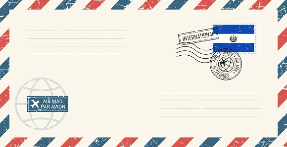 Blank air mail grunge envelope with El Salvador postage stamp. Vintage postcard vector illustration with El Salvadoran national flag isolated on white background. Retro style.