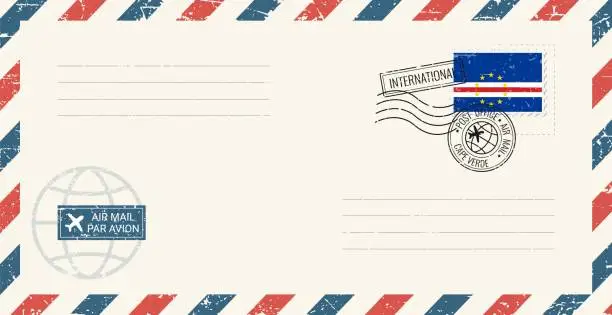 Vector illustration of Blank air mail grunge envelope with Cape Verde postage stamp. Vintage postcard vector illustration with Cape Verde national flag isolated on white background. Retro style.