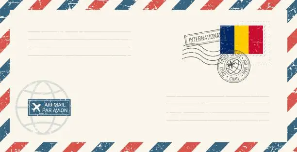 Vector illustration of Blank air mail grunge envelope with Chad postage stamp. Vintage postcard vector illustration with Chad national flag isolated on white background. Retro style.