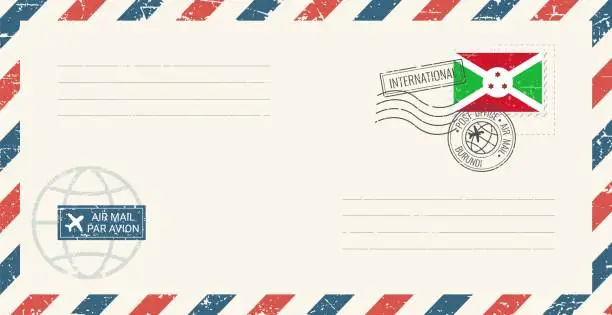 Vector illustration of Blank air mail grunge envelope with Burundi postage stamp. Vintage postcard vector illustration with Burundi national flag isolated on white background. Retro style.