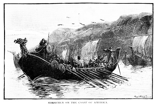 Scandinavian Norsemen explored North America in possibly the 10th-11th century. Engraving illustration published 1895. Copyright expired; artwork is in Public Domain.