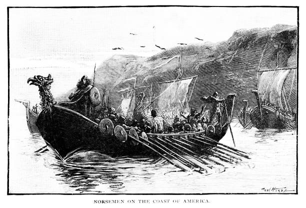 Norsemen Exploring North America, 10-11th Century History Scandinavian Norsemen explored North America in possibly the 10th-11th century. Engraving illustration published 1895. Copyright expired; artwork is in Public Domain. christine kohler stock illustrations