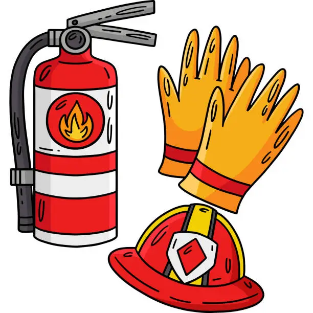 Vector illustration of Firefighter Hat Gloves Fire Extinguisher Clipart