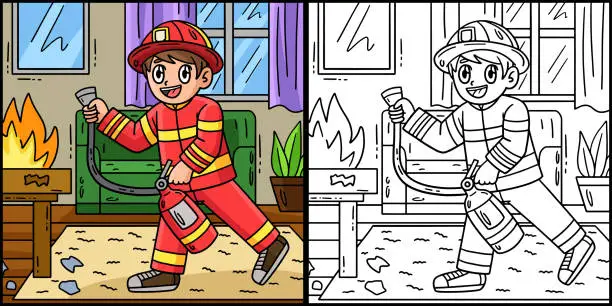 Vector illustration of Firefighter with a Fire Extinguisher Illustration