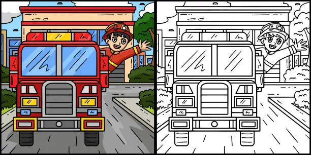 Vector illustration of Firefighter Waving from Fire Truck Illustration