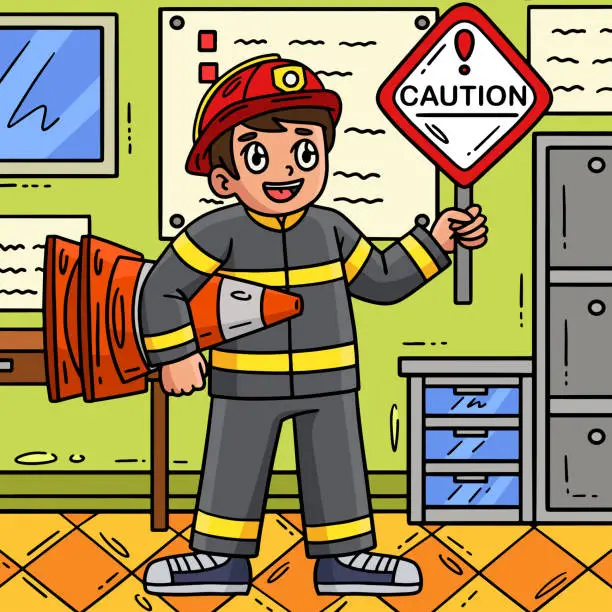 Vector illustration of Firefighter with a Safety Sign Colored Cartoon