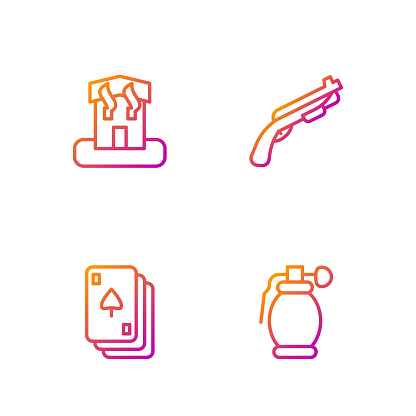 Set line Hand grenade, Playing cards, Arson home and Police shotgun. Gradient color icons. Vector.