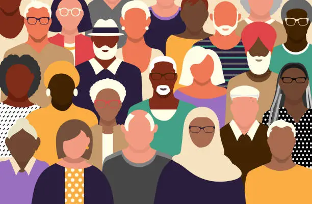 Vector illustration of Crowd of diverse seniors or baby boomers with both men and women vibrant colors background