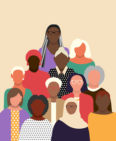 Vector illustration of a Crowd of diverse seniors or baby boomers with women only vibrant colors background. Vibrant colors. Easy to edit. Vector eps and jpg in download.