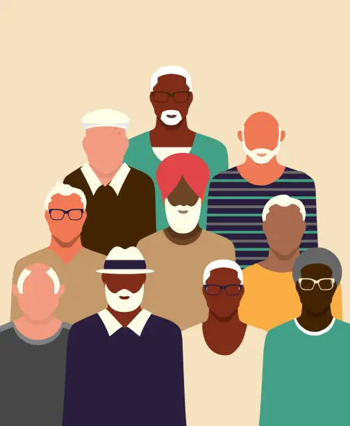 Vector illustration of Crowd of diverse seniors or baby boomers men only vibrant colors background