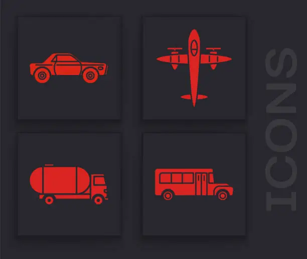 Vector illustration of Set School Bus, Sedan car, Old retro vintage plane and Tanker truck icon. Vector