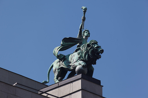 Prague Czech National Bank, Sculpture of torchberarer and a Lion, Prague Czech Republic, Ceska Narodni Banka