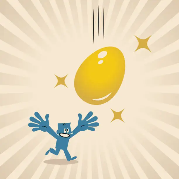 Vector illustration of A blue man runs excitedly to catch the falling golden eggs, 