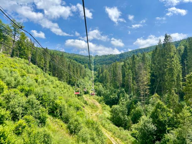 Cable car in the mountains in summer. Carpathians, Ukraine