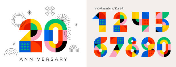 Anniversary concept design. Modern geometric style. Fireworks and celebration colorful background, set of numbers. Vector illustration