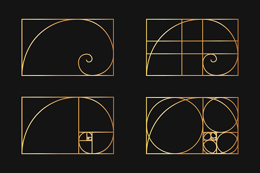 Golden ratio templates. Logarithmic spirals in rectangle frames divided on lines, squares and circles. Fibonacci sequence grids. Ideal harmony, symmetry proportions layouts. Vector illustration