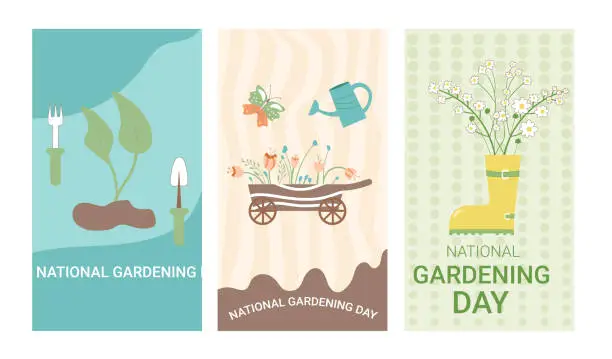 Vector illustration of National gardening day background for social media set. Flowers, rubber boot, plant, watering can with text card poster. Templates for holiday design. Vector illustration